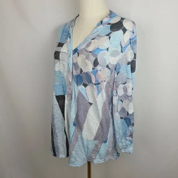 David Cline Top Large Crinkle 1/4 Snap Front Abstract Print Crushed Blue Gray - Picture 2 of 7